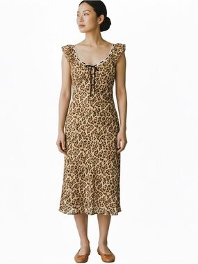 American Eagle Leopard Print Milkmaid Maxi Dress Crochet Trim Ribbon NWT Size M